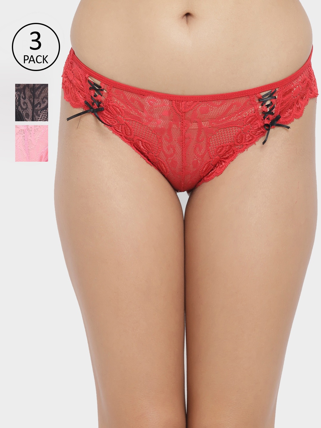 N-Gal Women Pack Of 3 Self-Design Floral Lace Bikini Briefs NTDT10, Pink