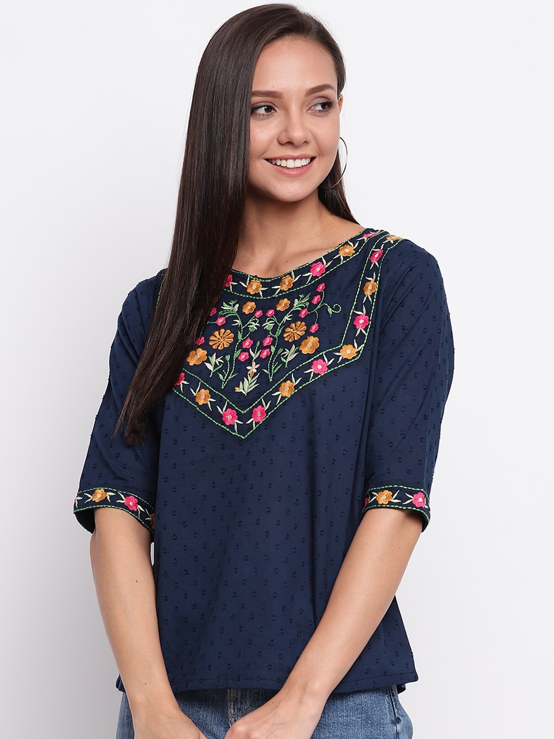

Mayra Women Blue Embroidered Pure Cotton Top