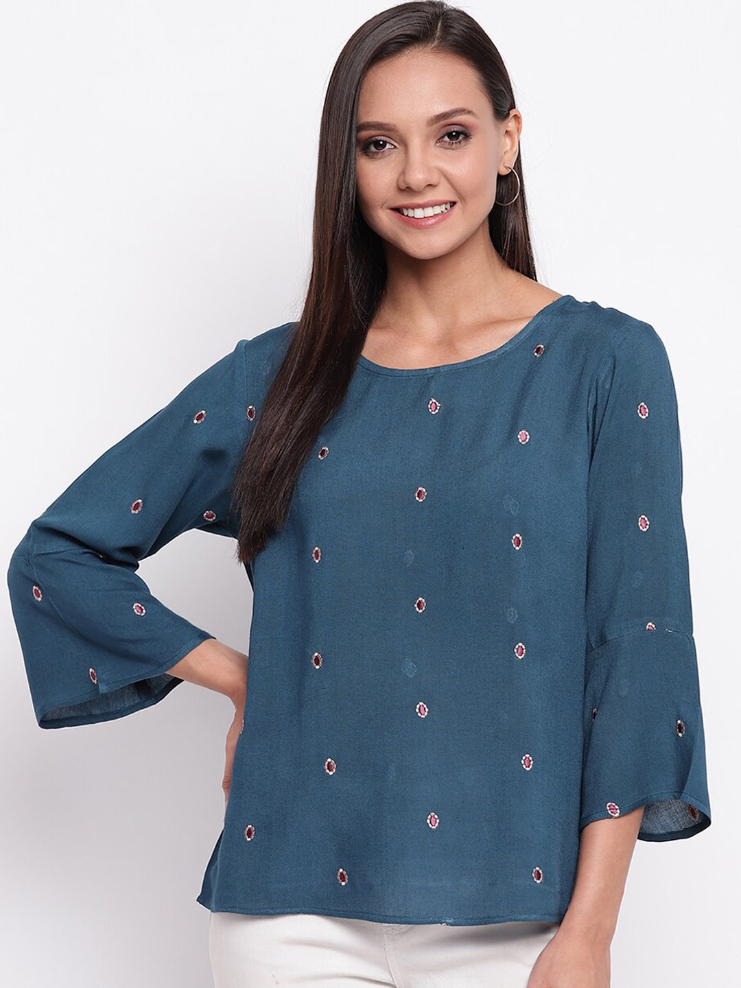 

Mayra Women Teal Blue Solid Pure Cotton Top