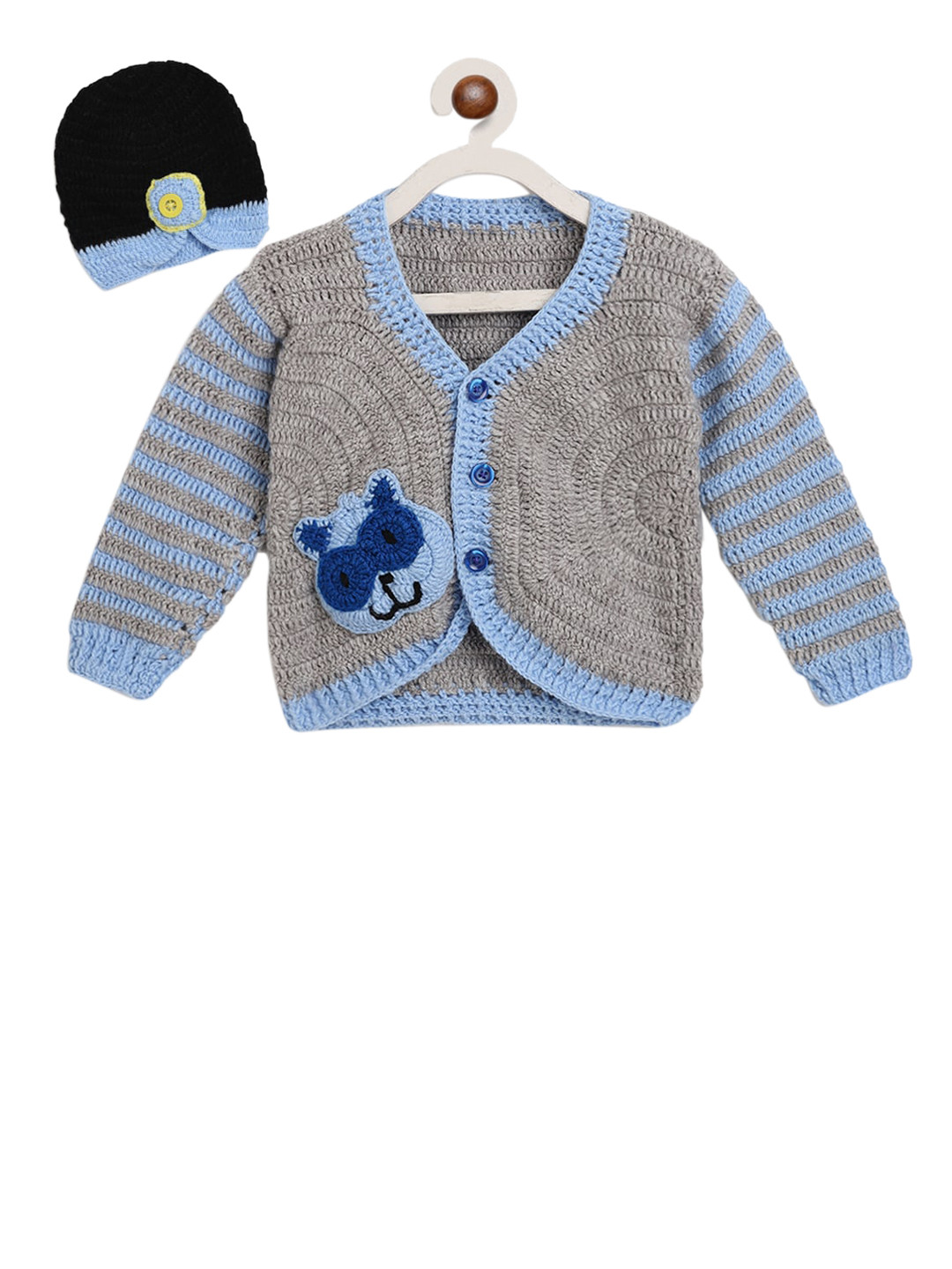 

CHUTPUT Infant Kids Grey & Blue Striped Cardigan Sweater with Woollen Cap