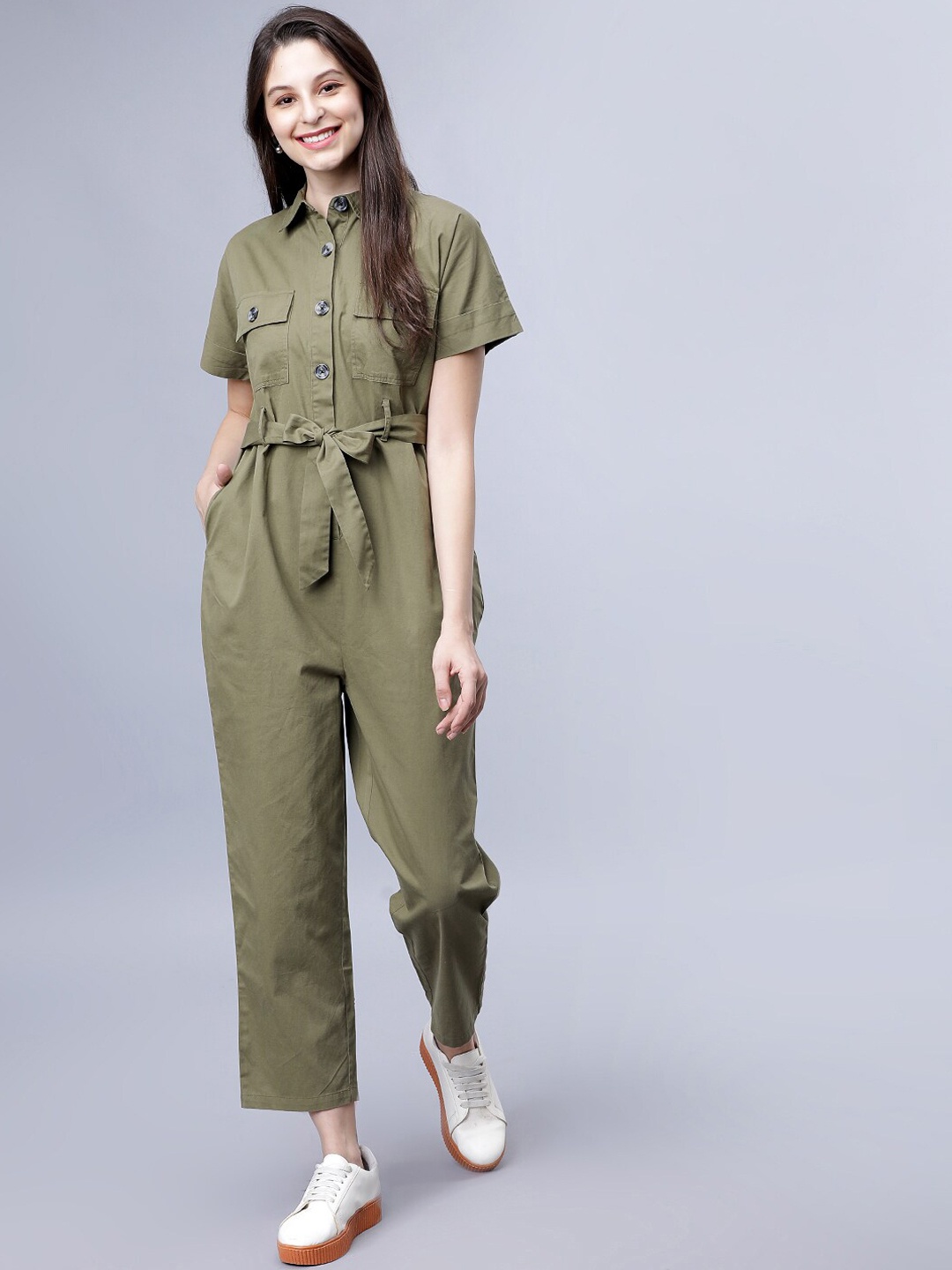 

Tokyo Talkies Women Olive Green Solid Basic Jumpsuit
