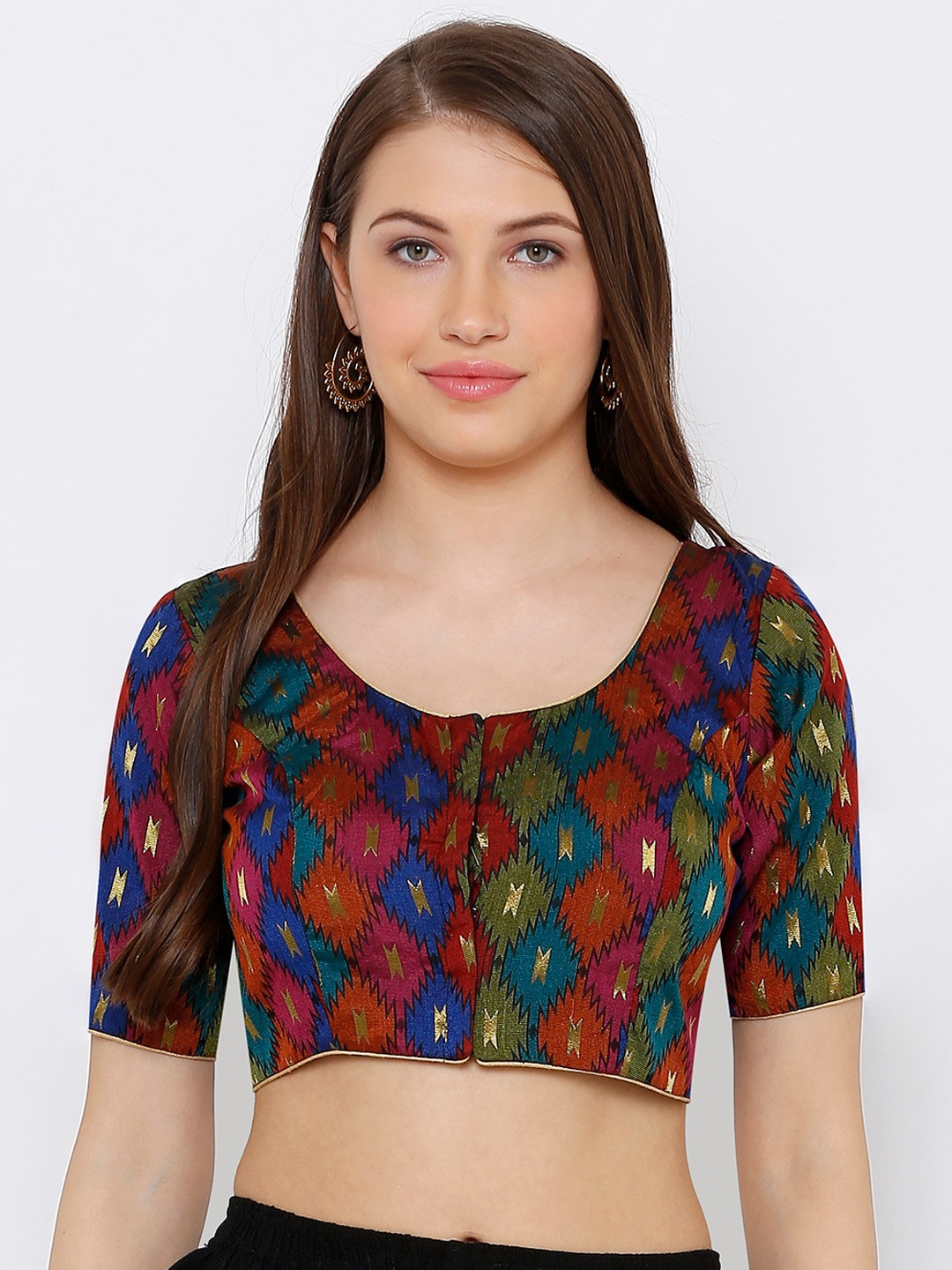 

SALWAR STUDIO Women Maroon & Blue Printed Readymade Saree Blouse