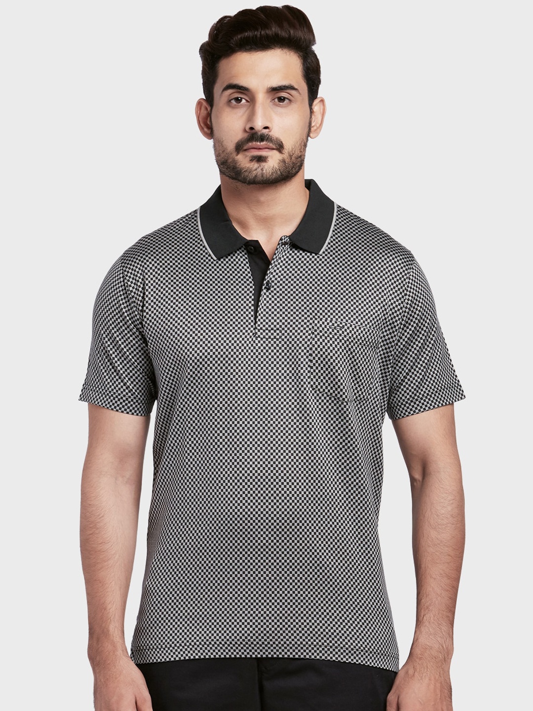 

ColorPlus Men Grey & Black Printed Polo Collar T-shirt