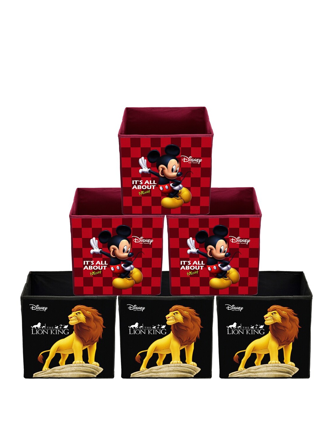 Kuber Industries Set Of 6 Disney Mickey & Lion King Printed Non-Woven Foldable Sustainable Storage Boxes, Black