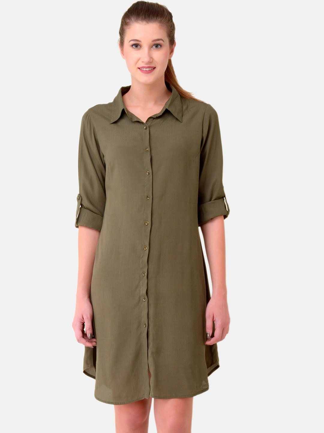 

V&M Women Olive Green Solid Shirt Dress