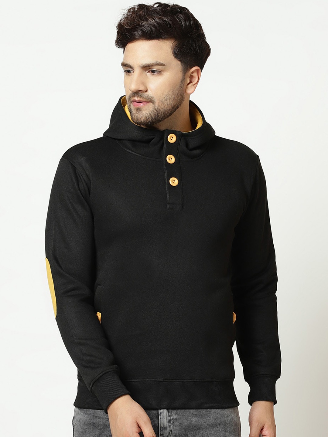 

ELEGANCE Men Black Solid Hooded Sweatshirt