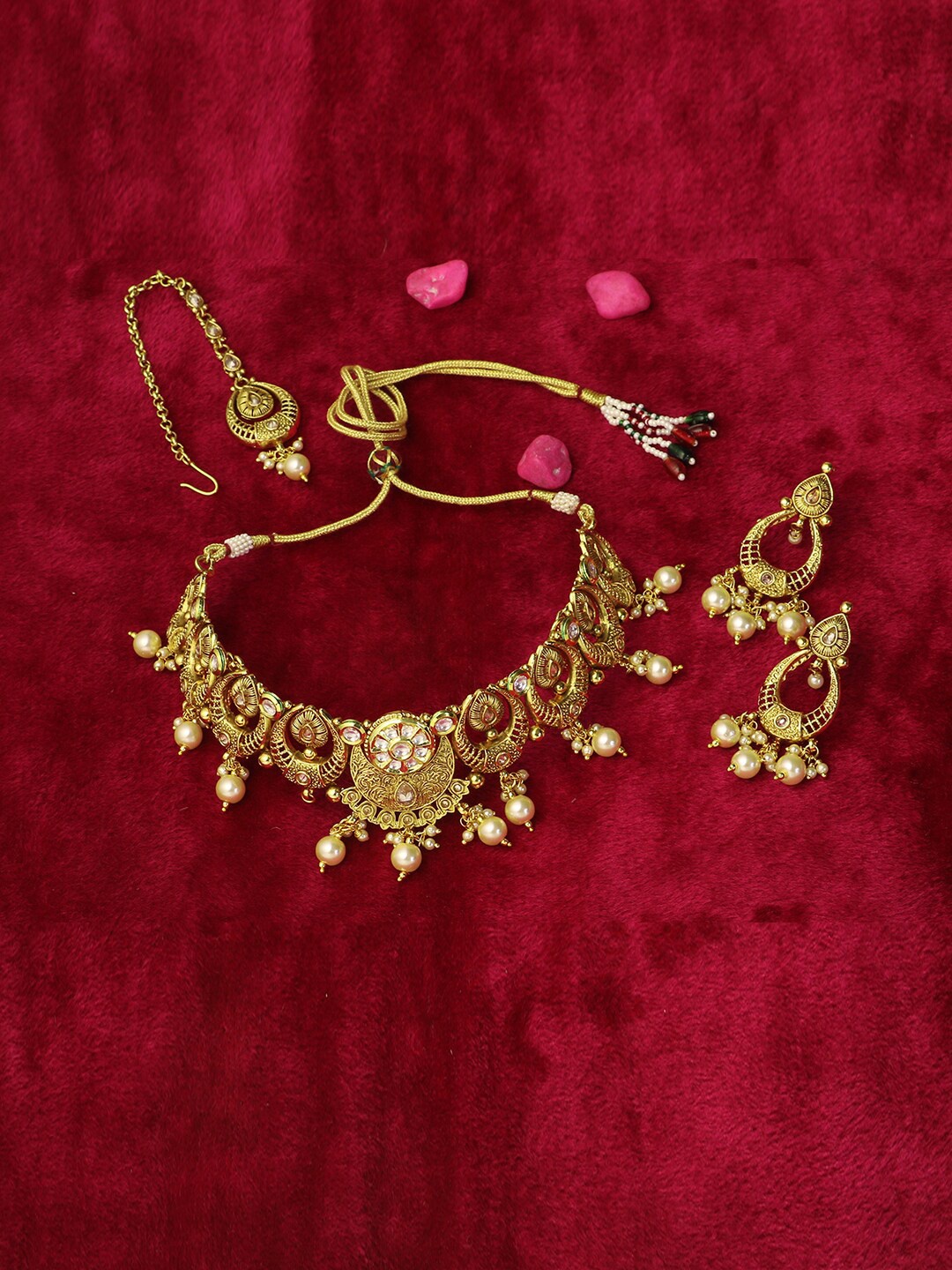 

Adwitiya Collection 24 CT Gold-Plated White Choker Stone Studded Jewellery Set