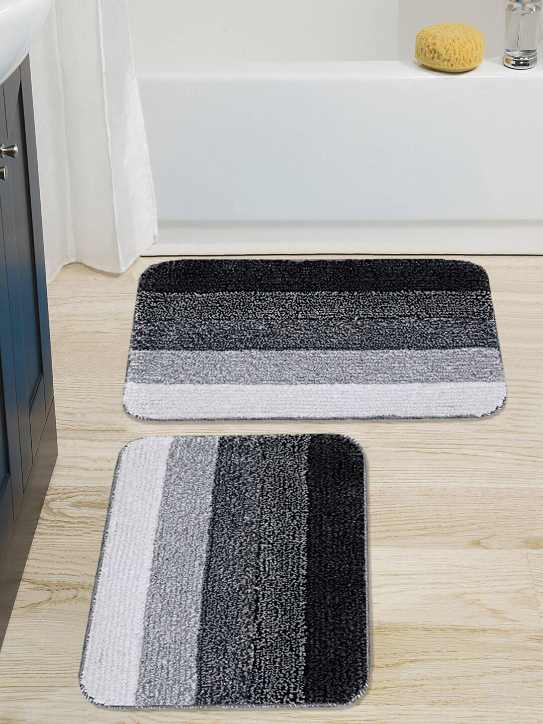 

Saral Home Pack Of 2 Black & Grey Striped Designer Anti-Skid Bath Mat