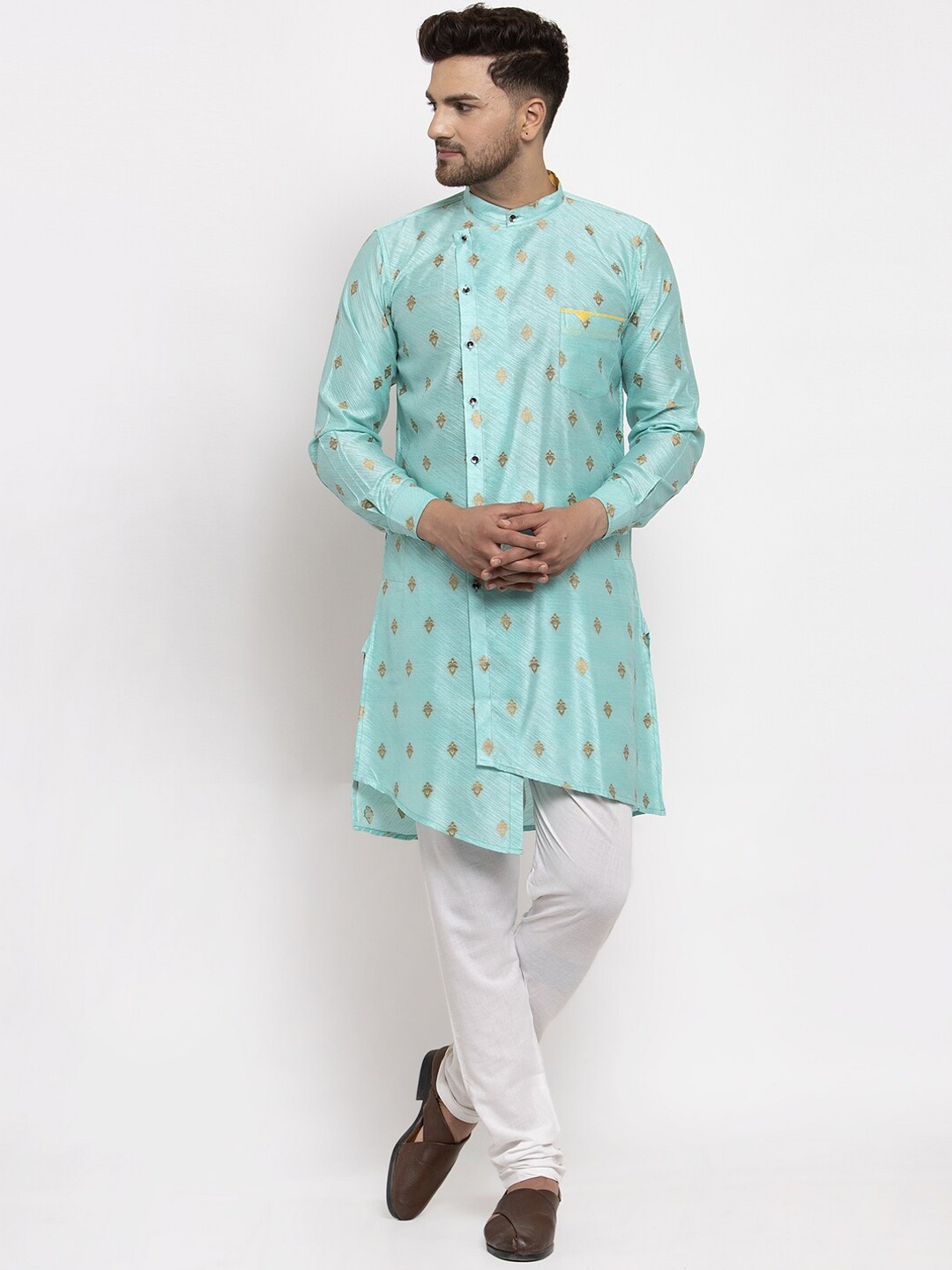 KLOTTHE Men Sea Green & White Woven Design Kurta with Pyjamas
