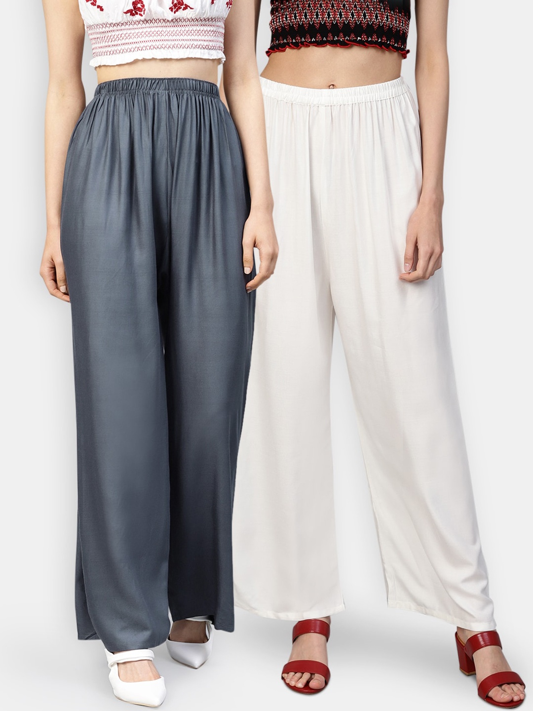 

Jompers Women Off-White & Grey Solid Straight Palazzos