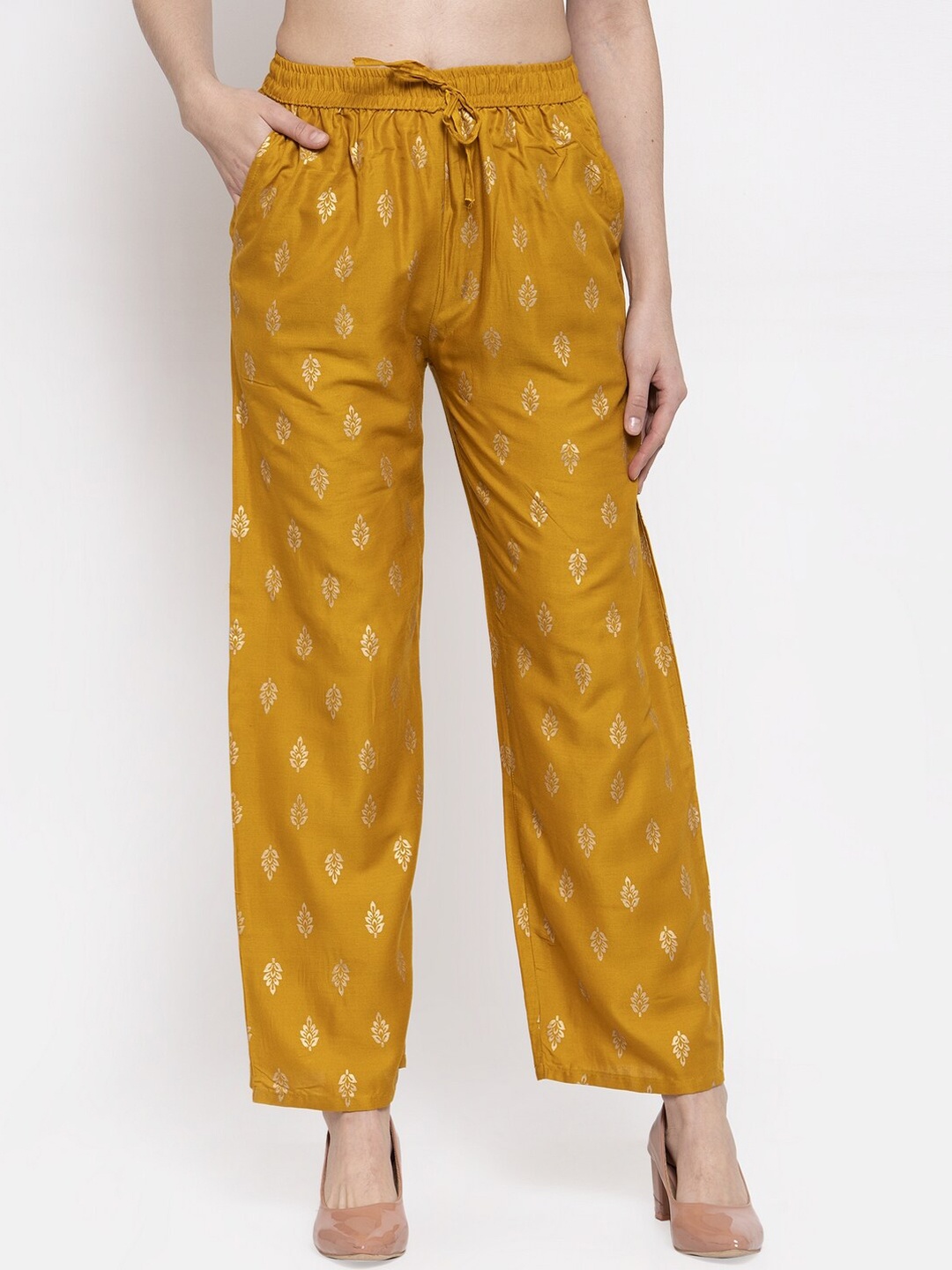 

Miaz Lifestyle Women Mustard Yellow Printed Straight Palazzos