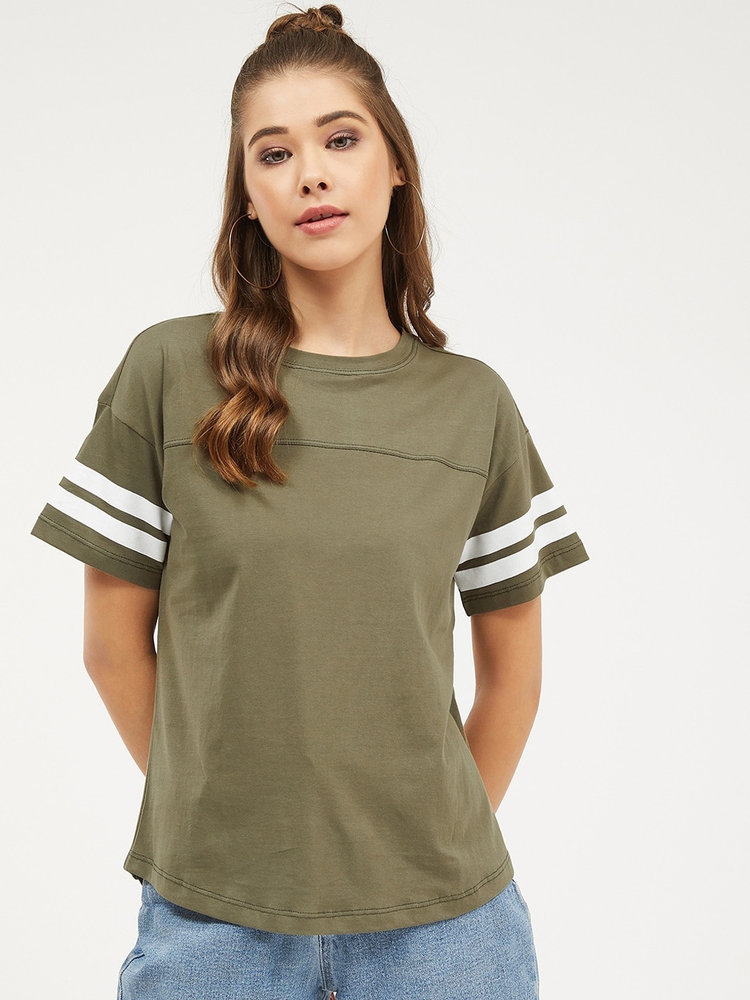 

Harpa Women Olive Green Solid Round Neck T-shirt