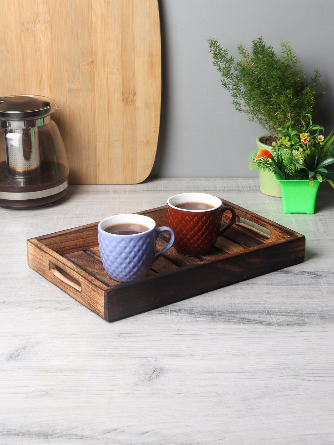 

CDI 6 Pieces Textured Ceramic Cup Set With Tray, Maroon