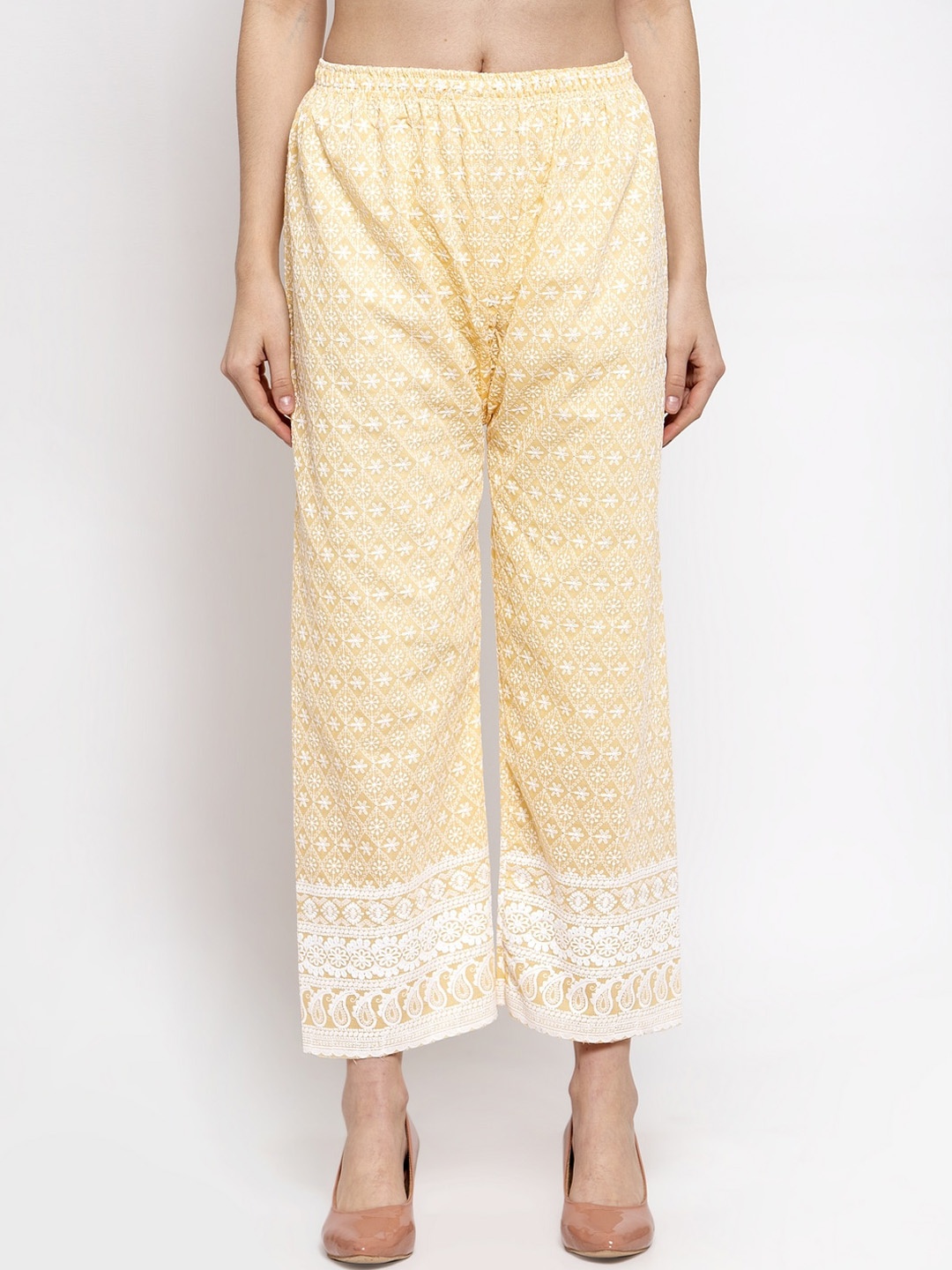 

Miaz Lifestyle Women Yellow & White Embroidered Straight Palazzos