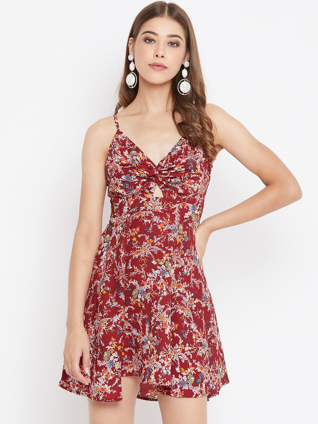 

Berrylush Women Maroon Floral Printed Front Twist Knot Fit and Flare Dress