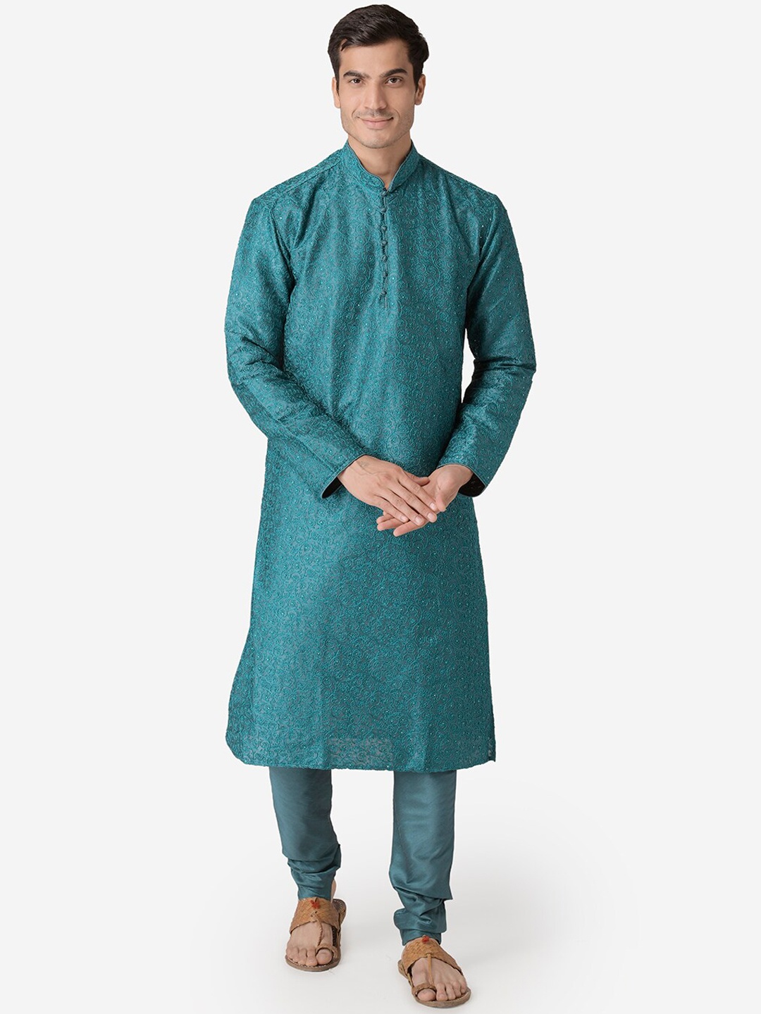 

Sanwara Men Green Woven Design Kurta with Churidar