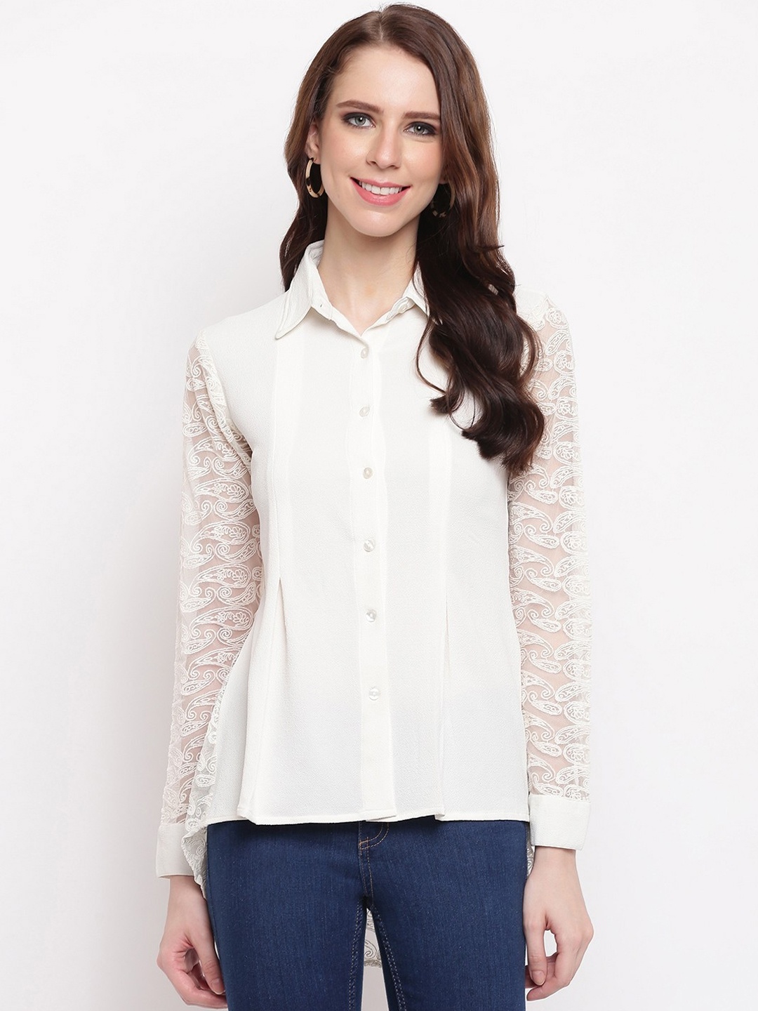 

RIVI Women Cream-Coloured Solid Shirt Style Top