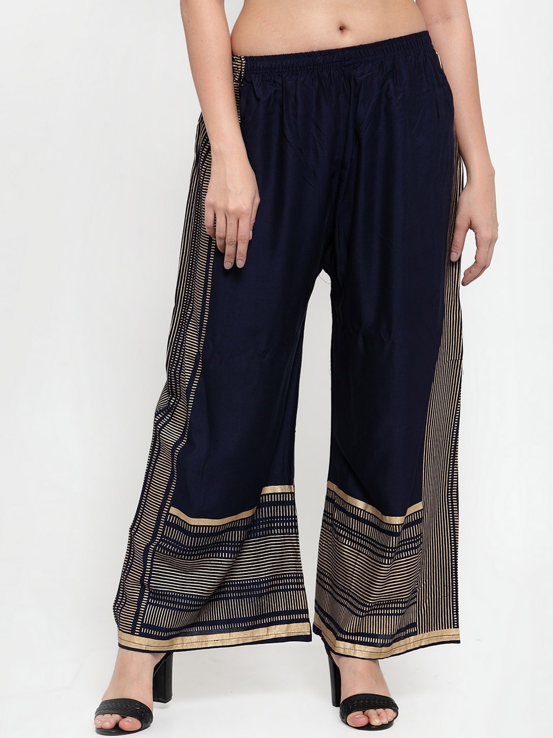 

Miaz Lifestyle Women Navy Blue & Gold-Toned Striped Flared Palazzos
