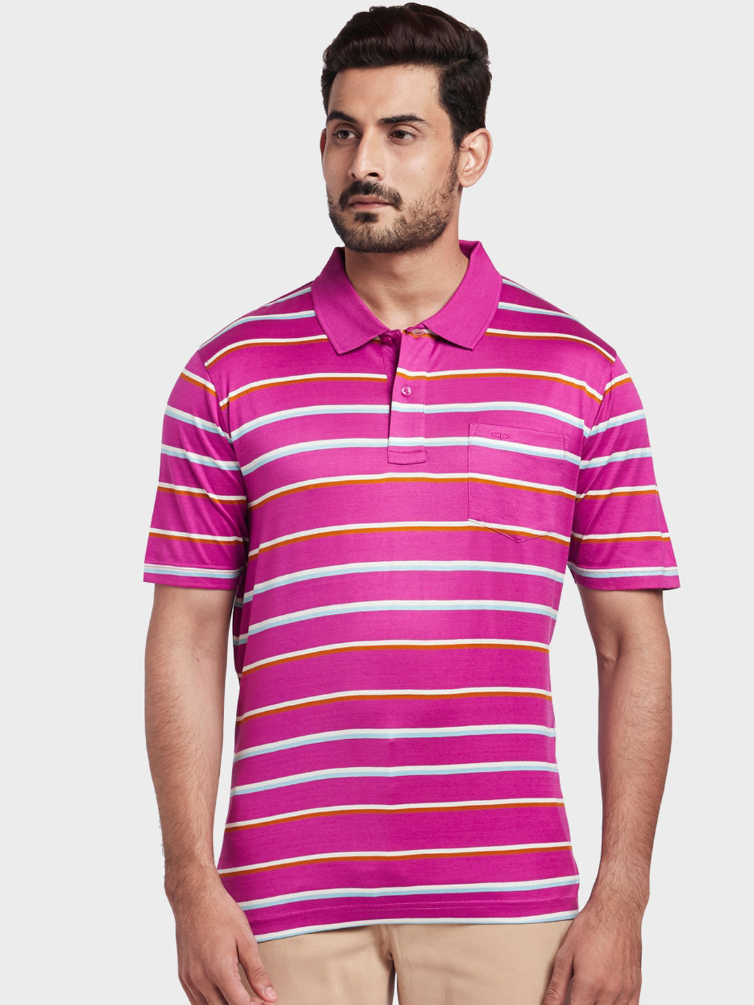 

ColorPlus Men Pink & White Striped Polo Collar T-shirt