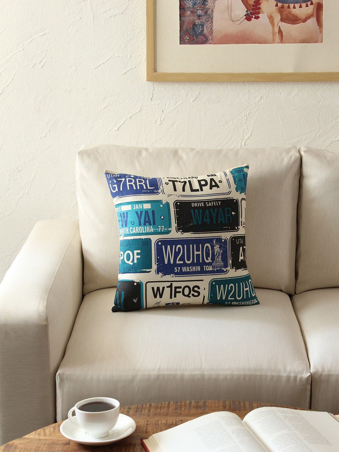 

House This Cream-Coloured & Blue Single Quirky Square Cushion Covers