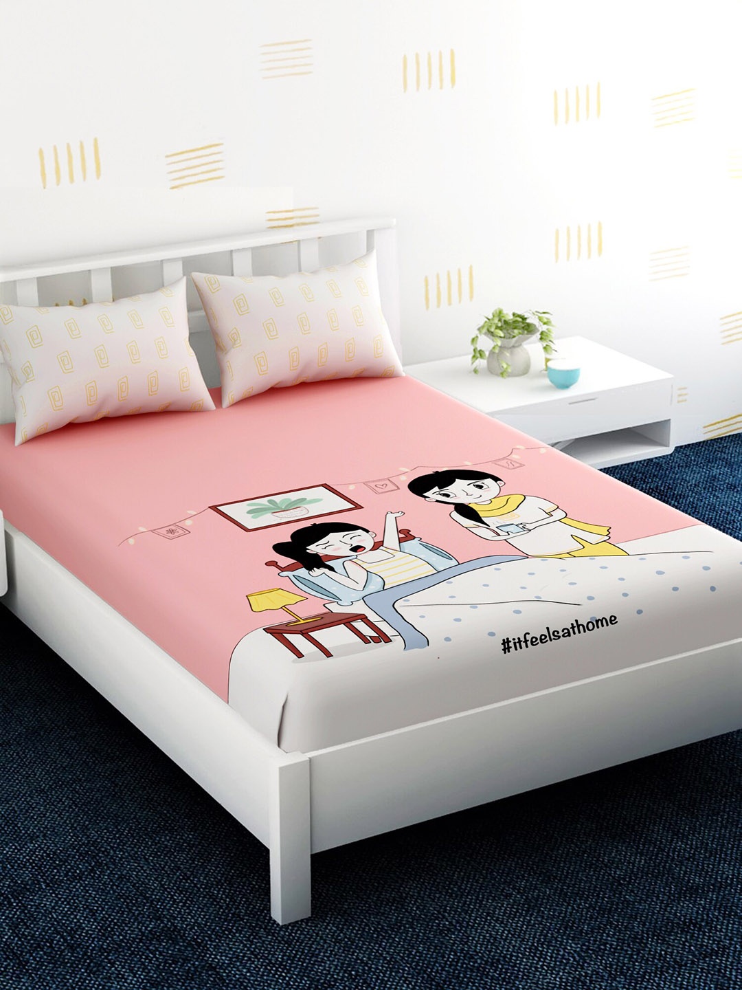 

EverHOME Pink Graphic 210 TC Cotton 1 King Bedsheet with 2 Pillow Covers