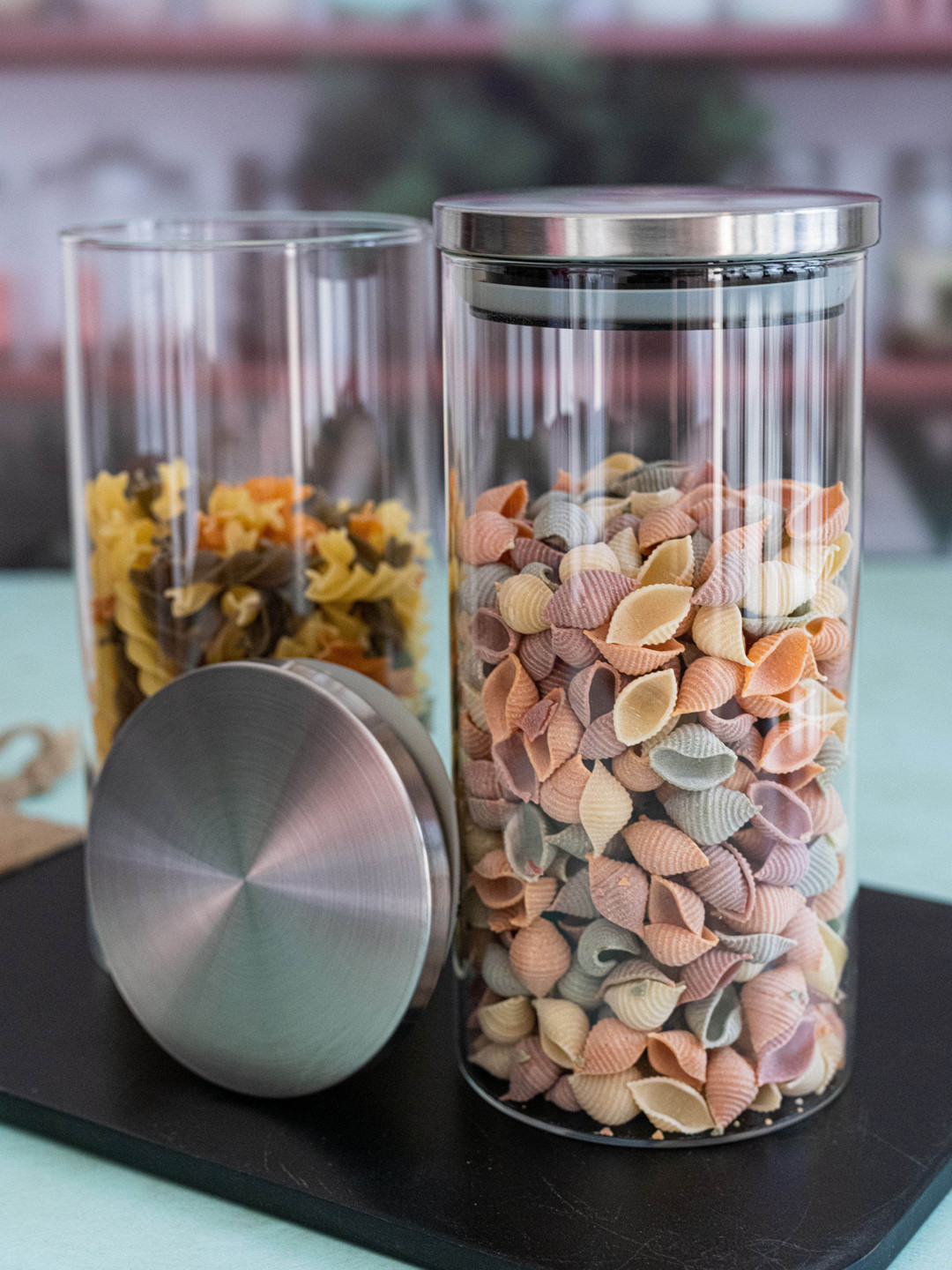 

GOODHOMES Set Of 2 Transparent & Silver-Toned Borosilicate Glass Airtight Jars With Metal Lid