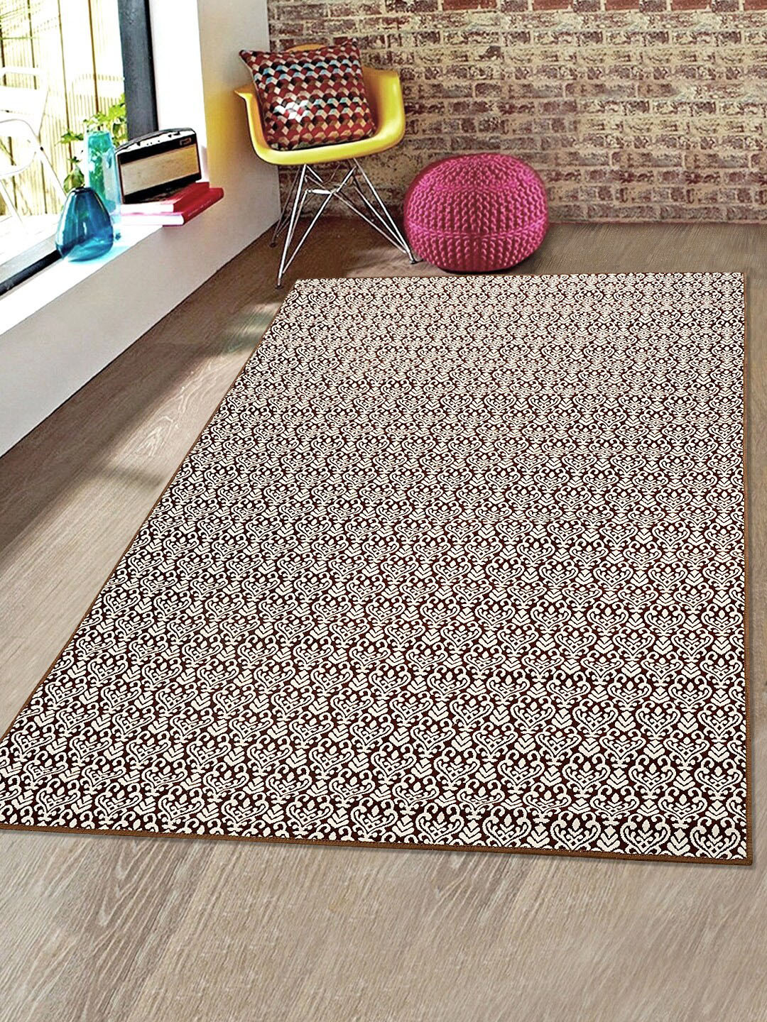 

Saral Home Brown & White Ethnic Motifs Damask Anti-Skid Carpet
