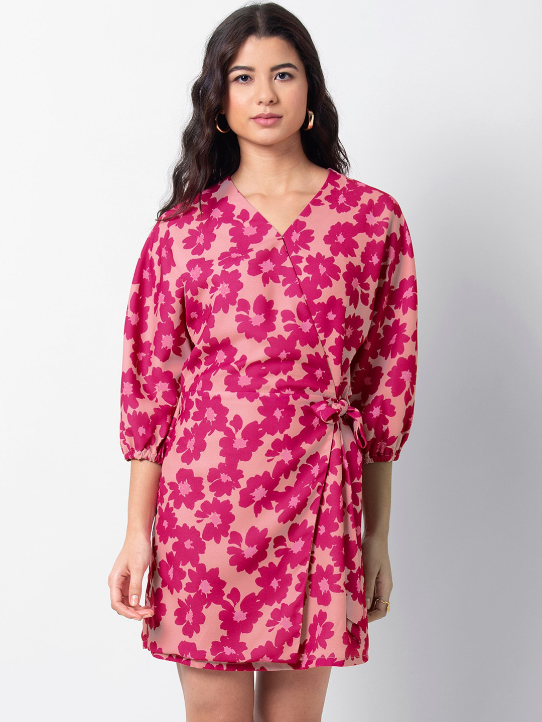 

FabAlley Women Pink & Beige Floral Printed Wrap Dress