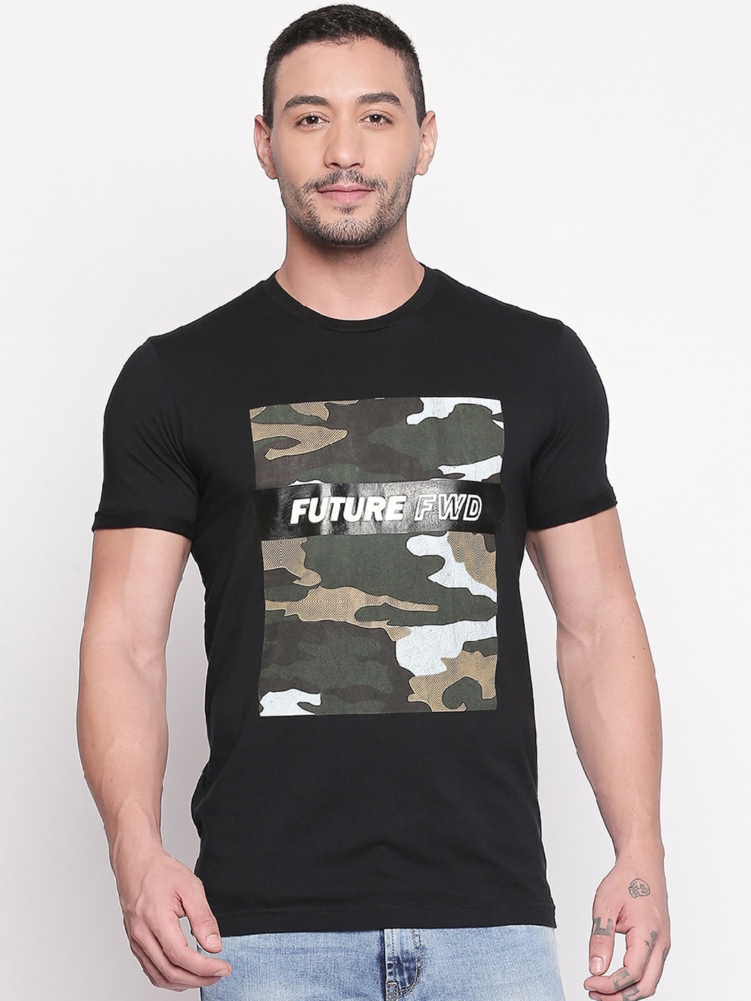 

Mufti Men Black Printed Round Neck Pure Cotton T-shirt