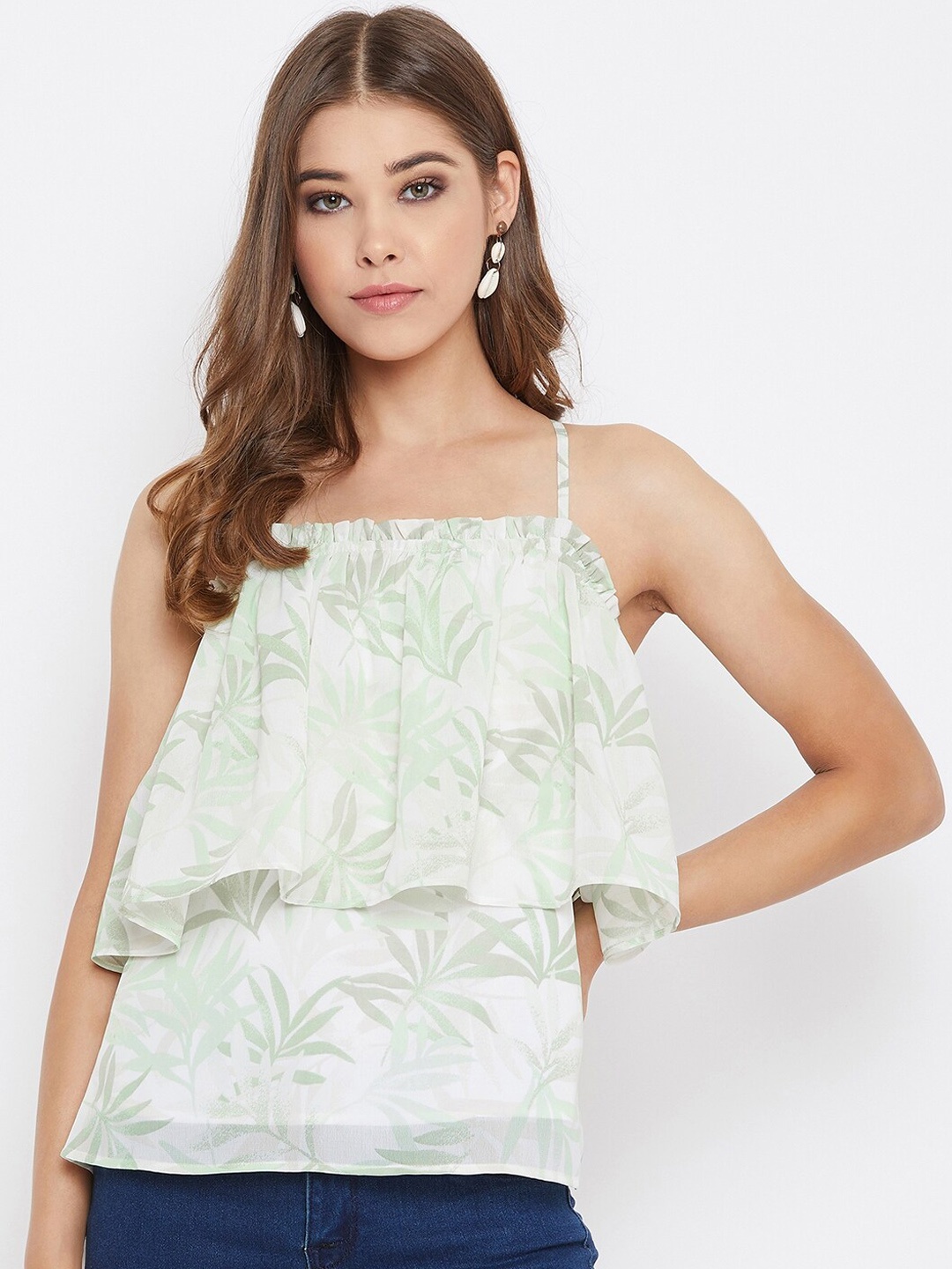 

Berrylush Women White & Green Printed Tiered Top