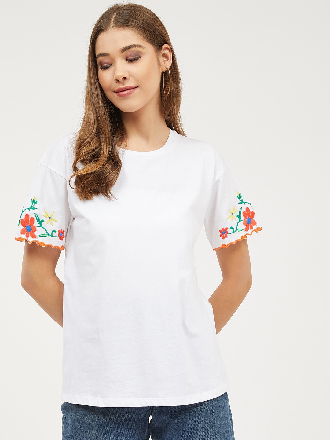 

Harpa Women White Embroidered Round Neck Pure Cotton T-shirt