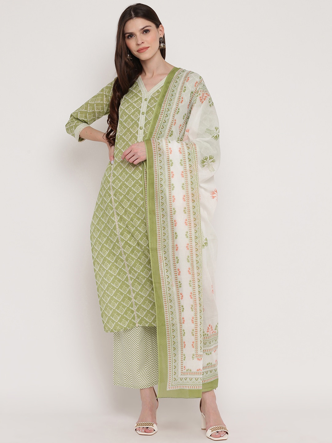 

Vbuyz Women Olive Green Printed Kurta with Palazzos & Dupatta