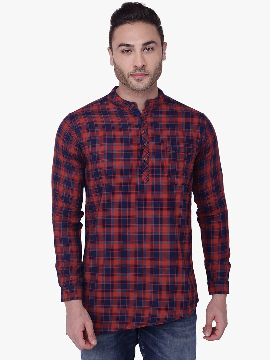 

Kuons Avenue Men Red & Blue Checked Straight Kurta
