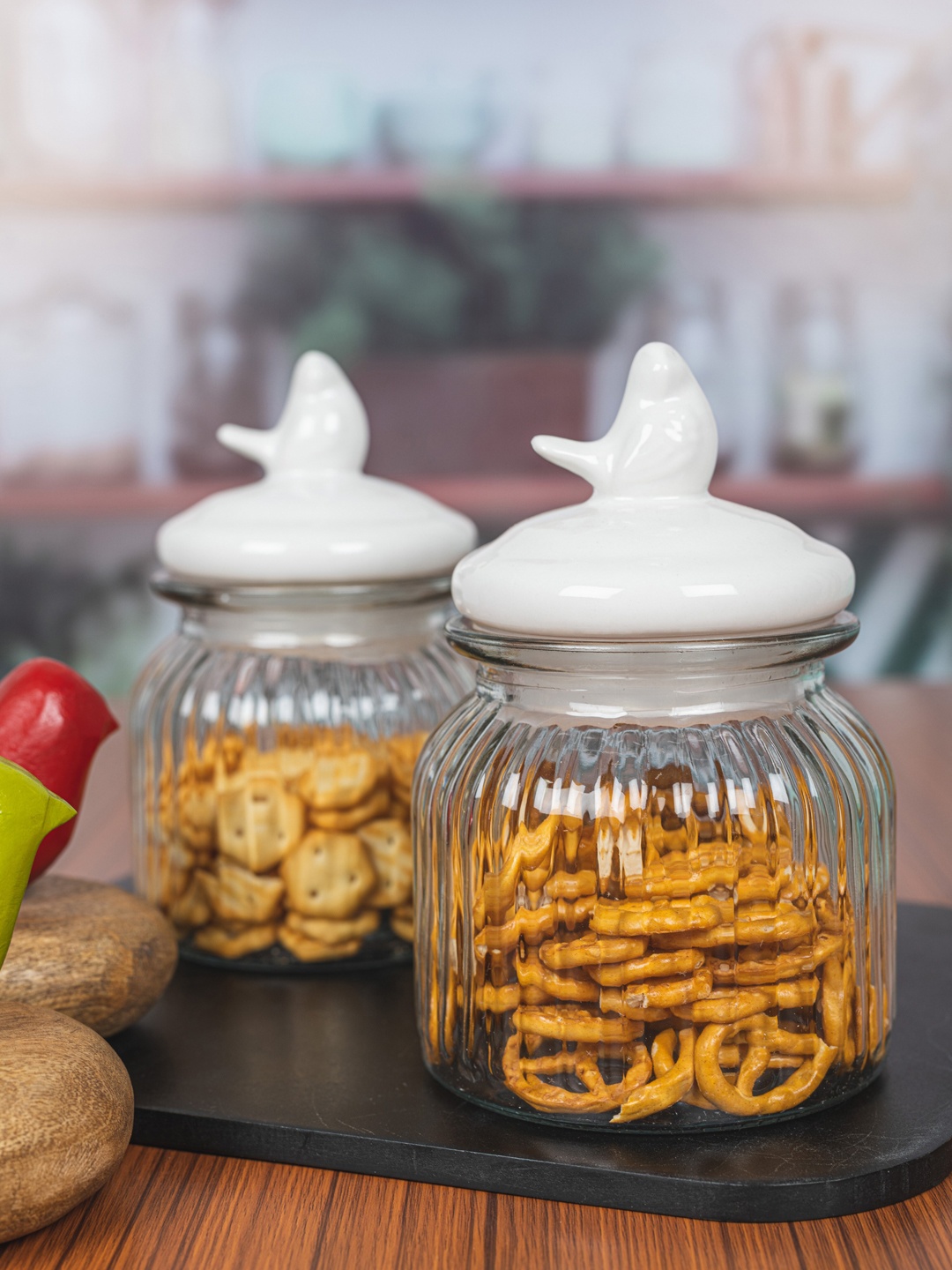 

White Gold Set Of 3 Transparent & White Textured Glass Storage Jars