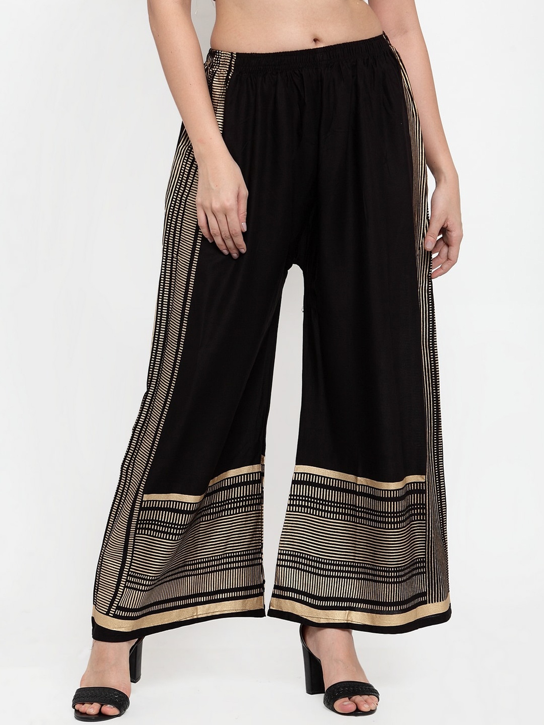 Miaz Lifestyle Women Black & Gold Striped Flared Palazzos