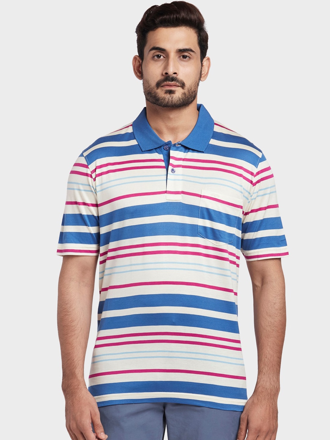 

ColorPlus Men White & Blue Striped Polo Collar T-shirt
