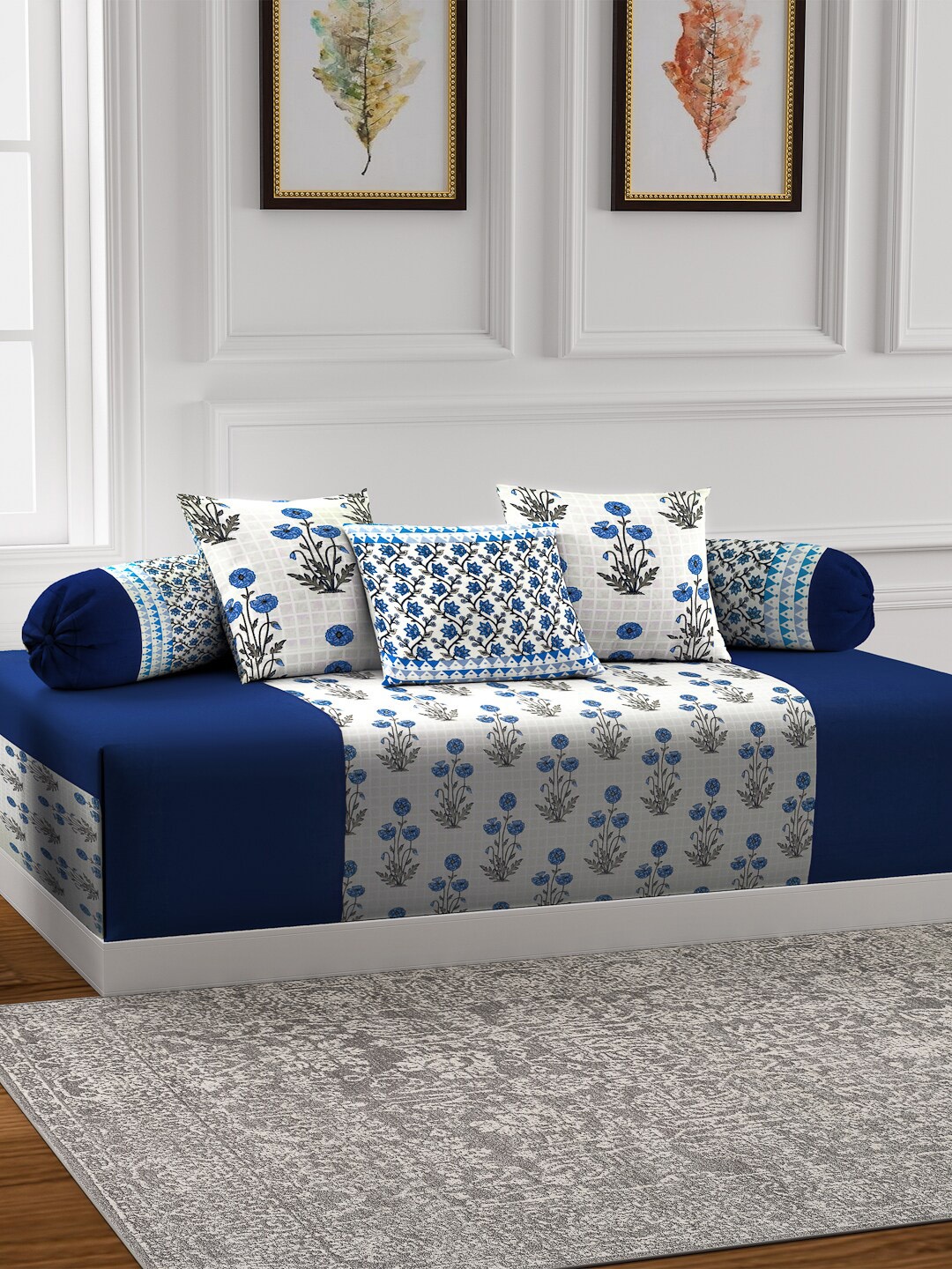 

Rajasthan Decor Set of 6 White & Blue Screen Printed Diwan Set