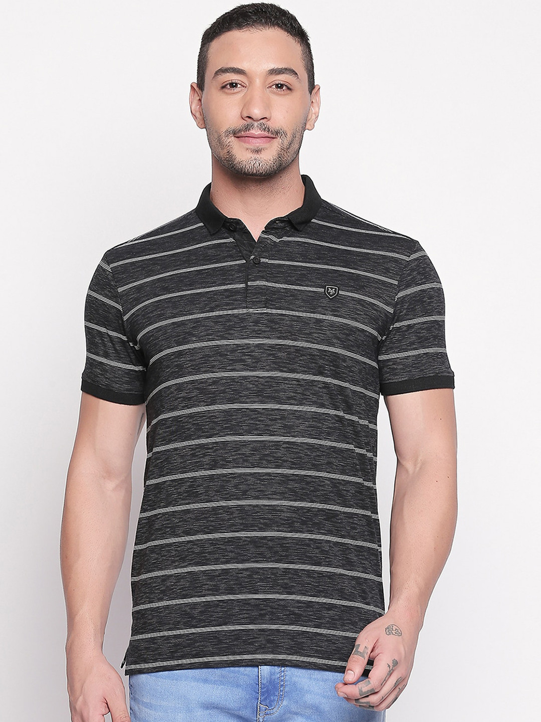 

Mufti Men Black Striped Polo Collar T-shirt
