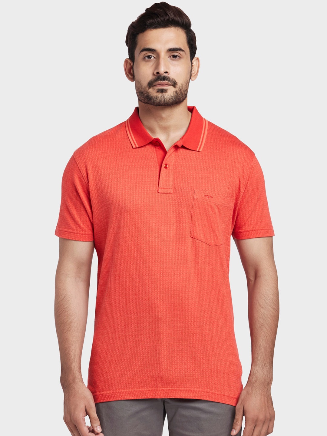 

ColorPlus Men Orange Self Design Polo Collar T-shirt