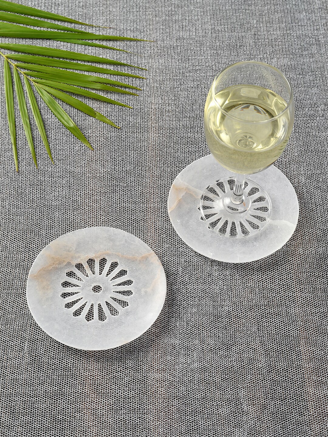 

Unravel India White Set Of 2 Handcarved Circular Soap Stone Coaster