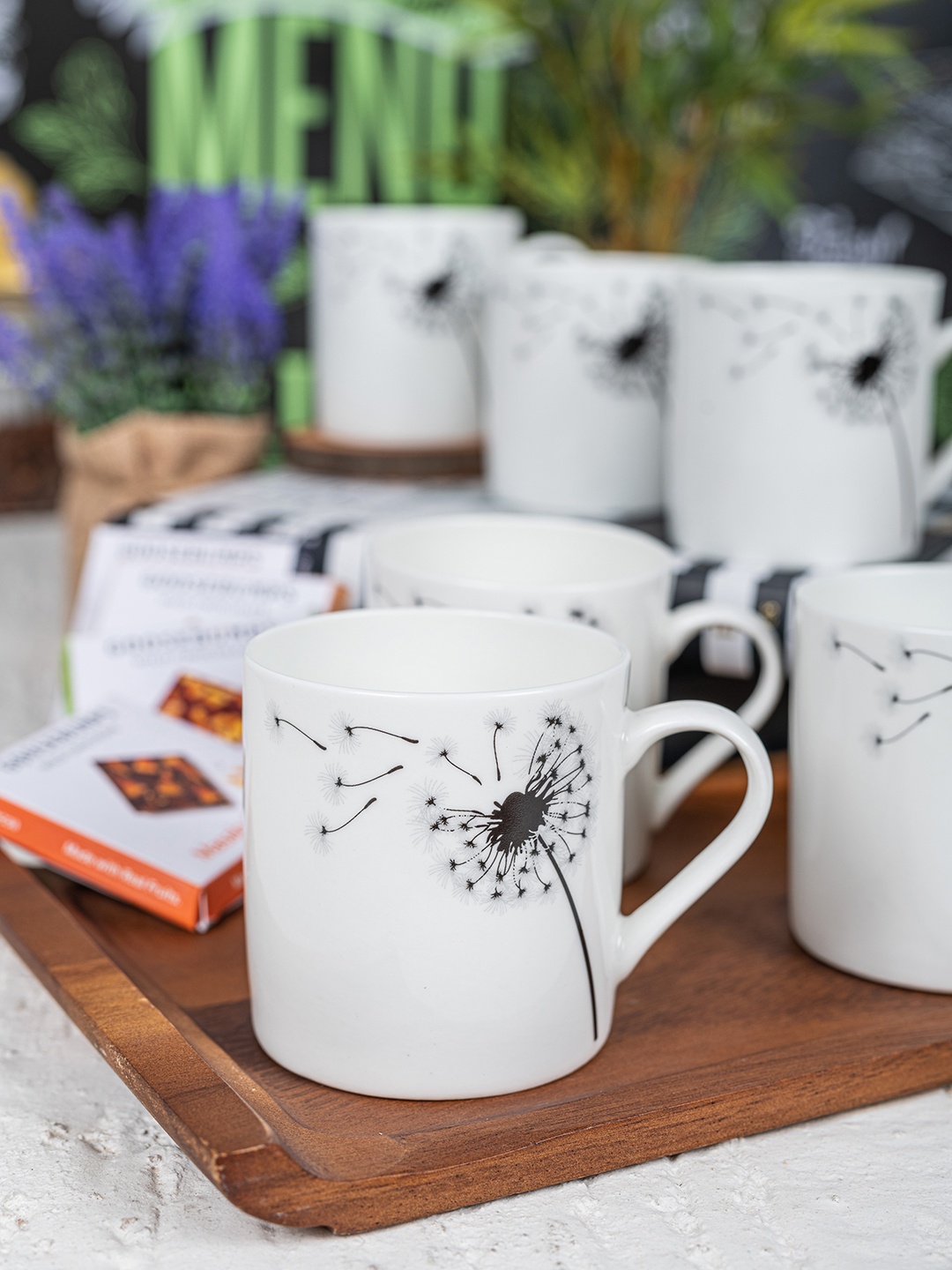 

SONAKI White & Black 6 Pcs Floral Printed Bone China Mugs Set