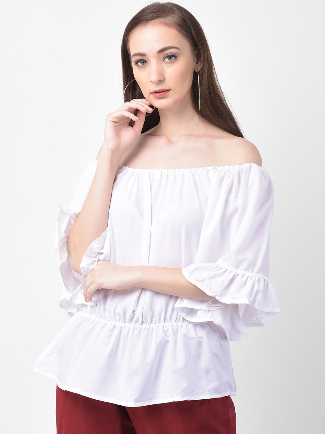 

GRACIT Women White Solid Bardot Top