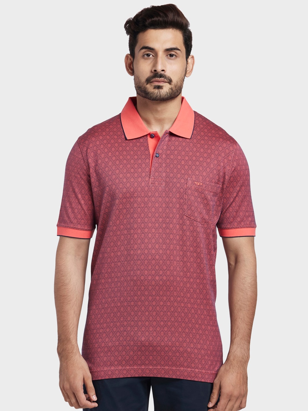 

ColorPlus Men Coral Red & Blue Printed Polo Collar T-shirt