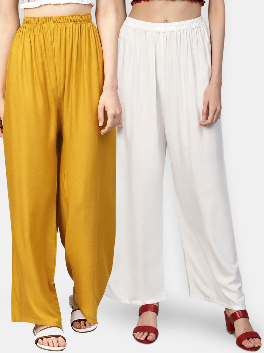 

Jompers Women Off-White & Mustard Yellow Pack of 2 Solid Flared Palazzos