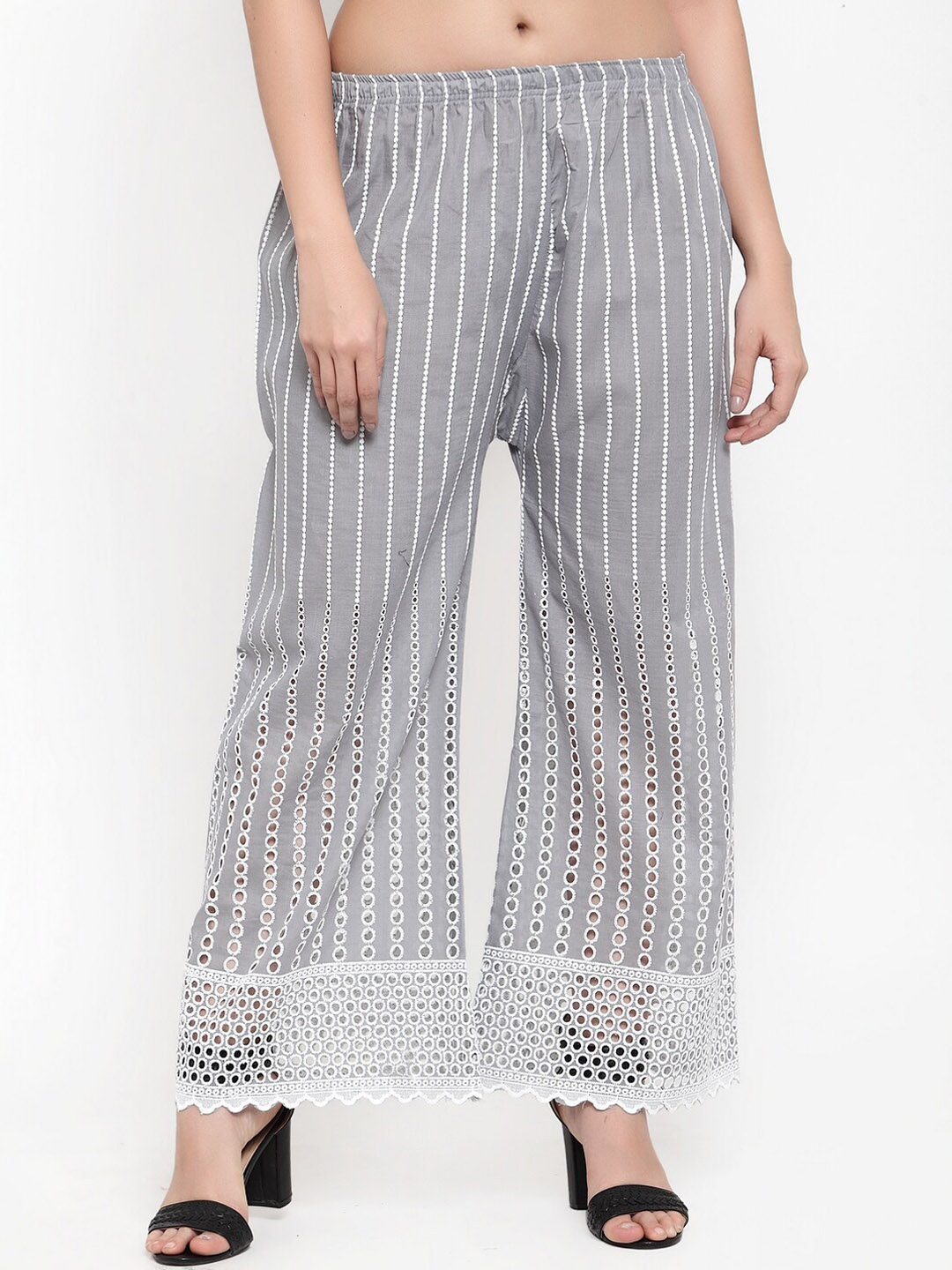 

Miaz Lifestyle Women Grey & White Embroidered Flared Palazzos