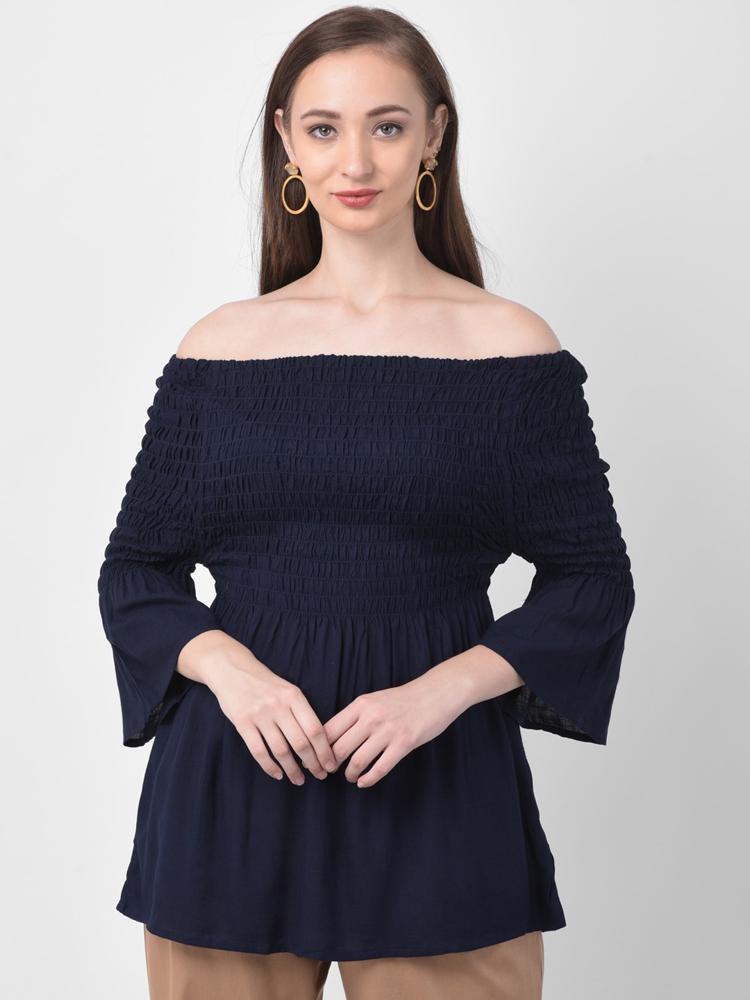 

GRACIT Women Navy Blue Solid Bardot Top