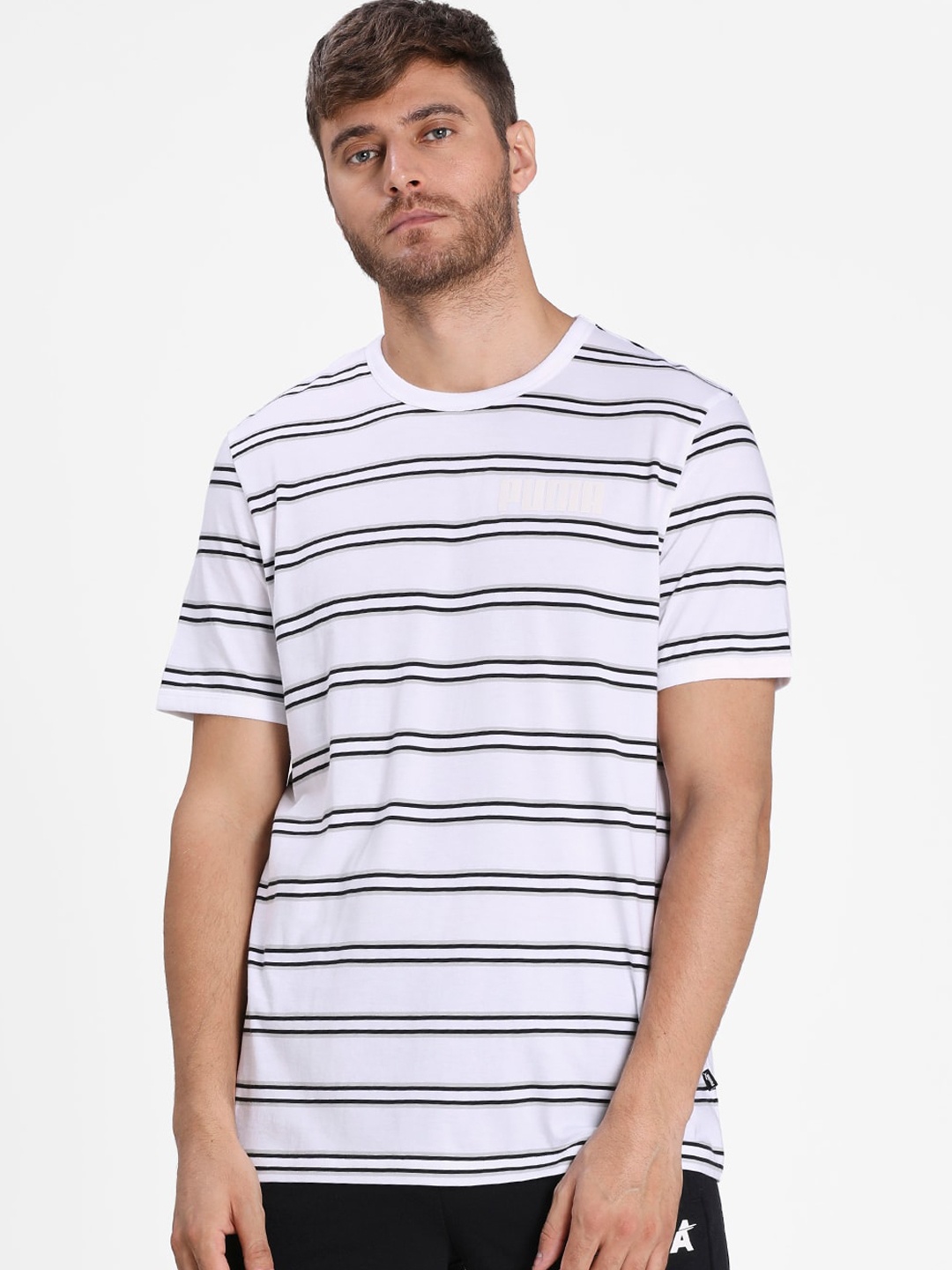

Puma Men White Modern Basics Striped Round Neck T-shirt