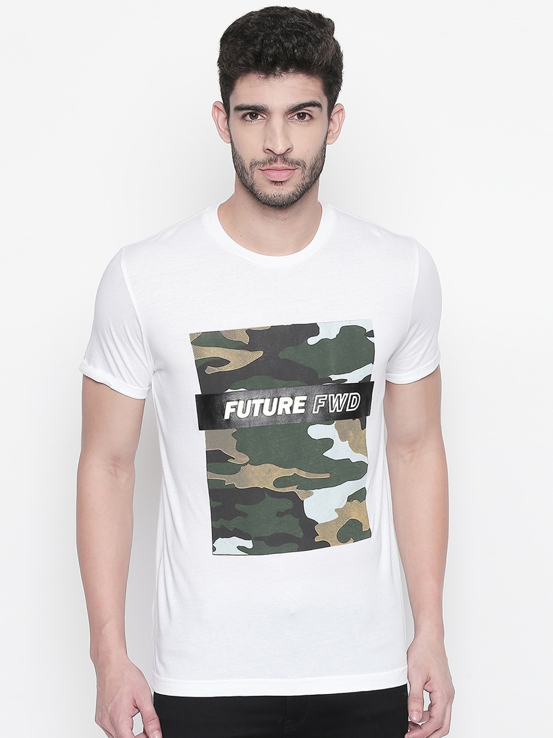 

Mufti Men White Camo Printed Round Neck Pure Cotton T-shirt