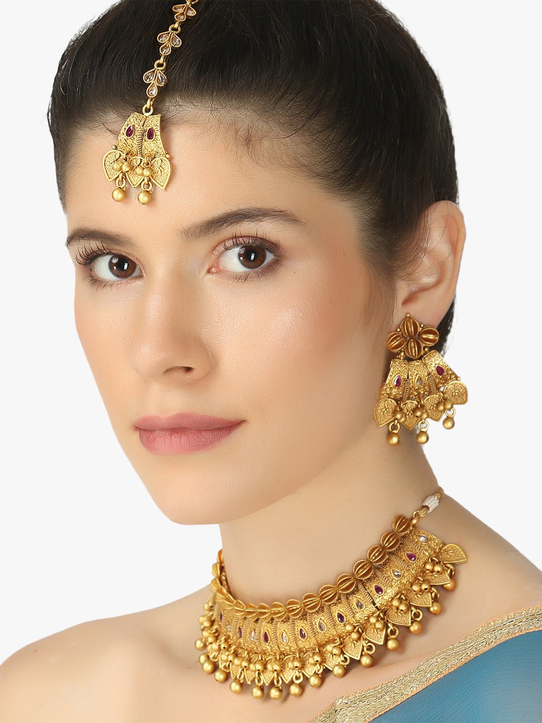 

Adwitiya Collection 24 CT Gold-Plated Red & White Choker Stone Studded Jewellery Set