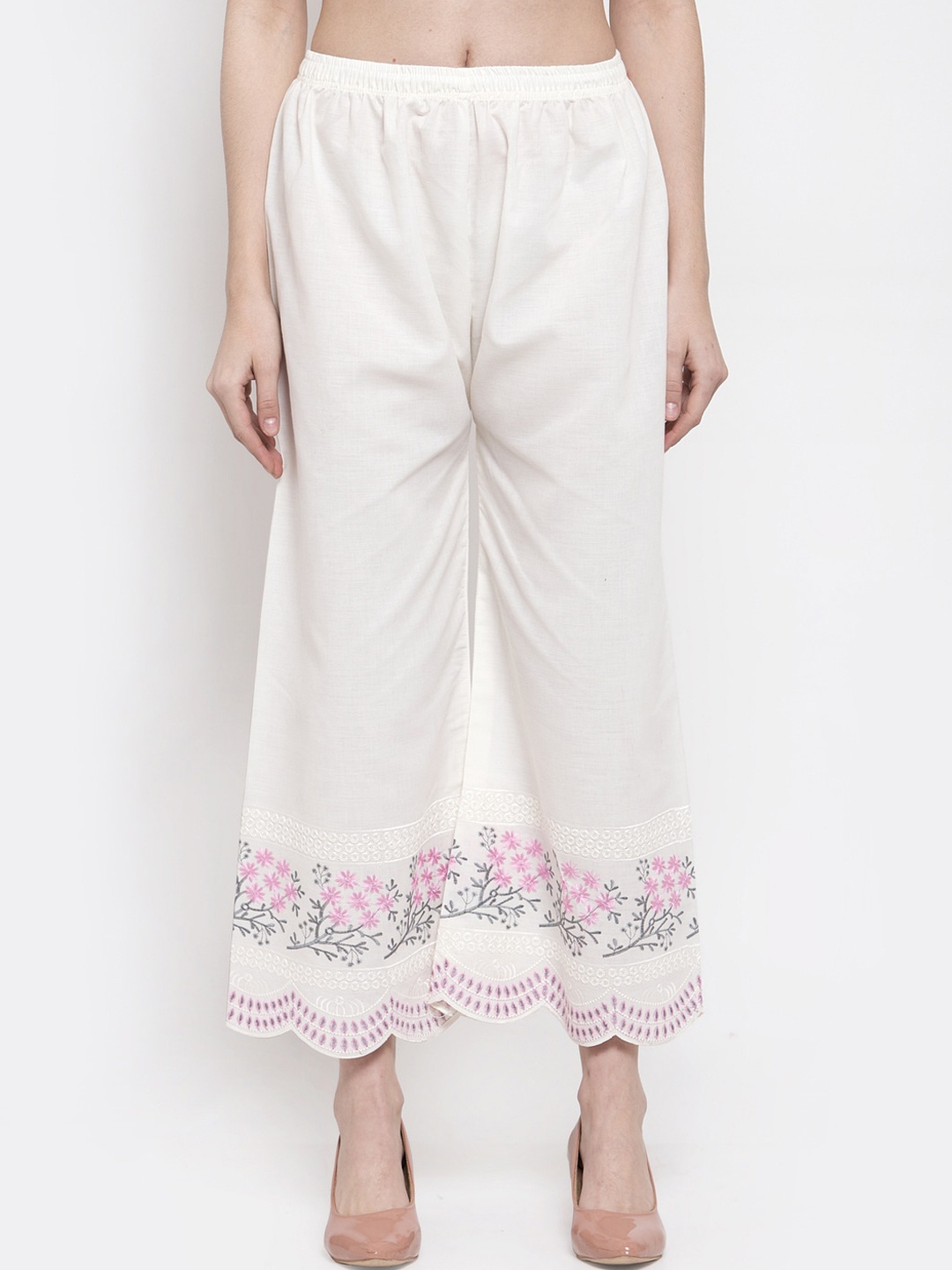 

Miaz Lifestyle Women Off-White Hem Design Straight Palazzos